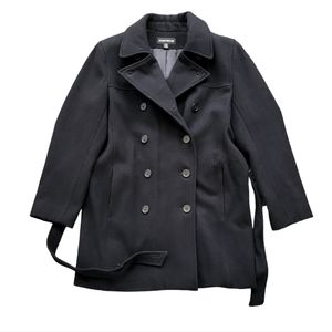 EUC 100% wool Donnybrook women's black double breast belted pea coat wrapcoat 10